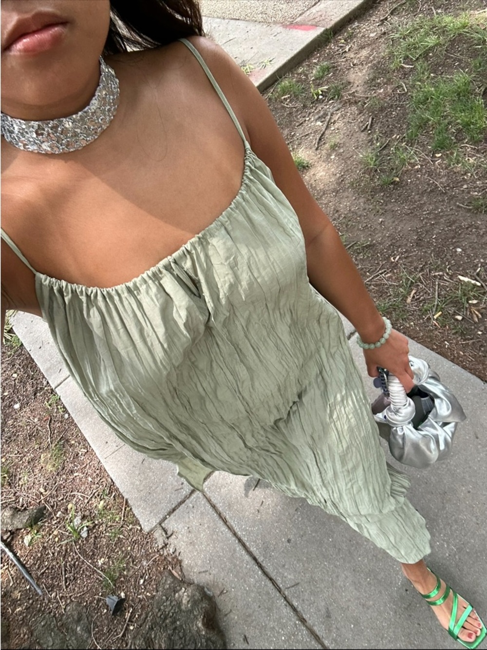 J. Crew Sage Green Crinkled Maxi Dress